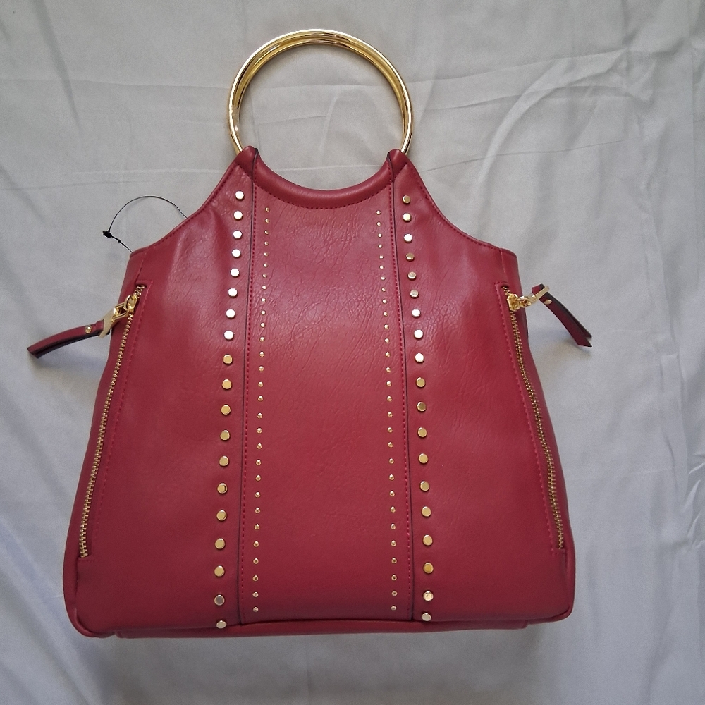 Red Studded Handbag with Gold Accents